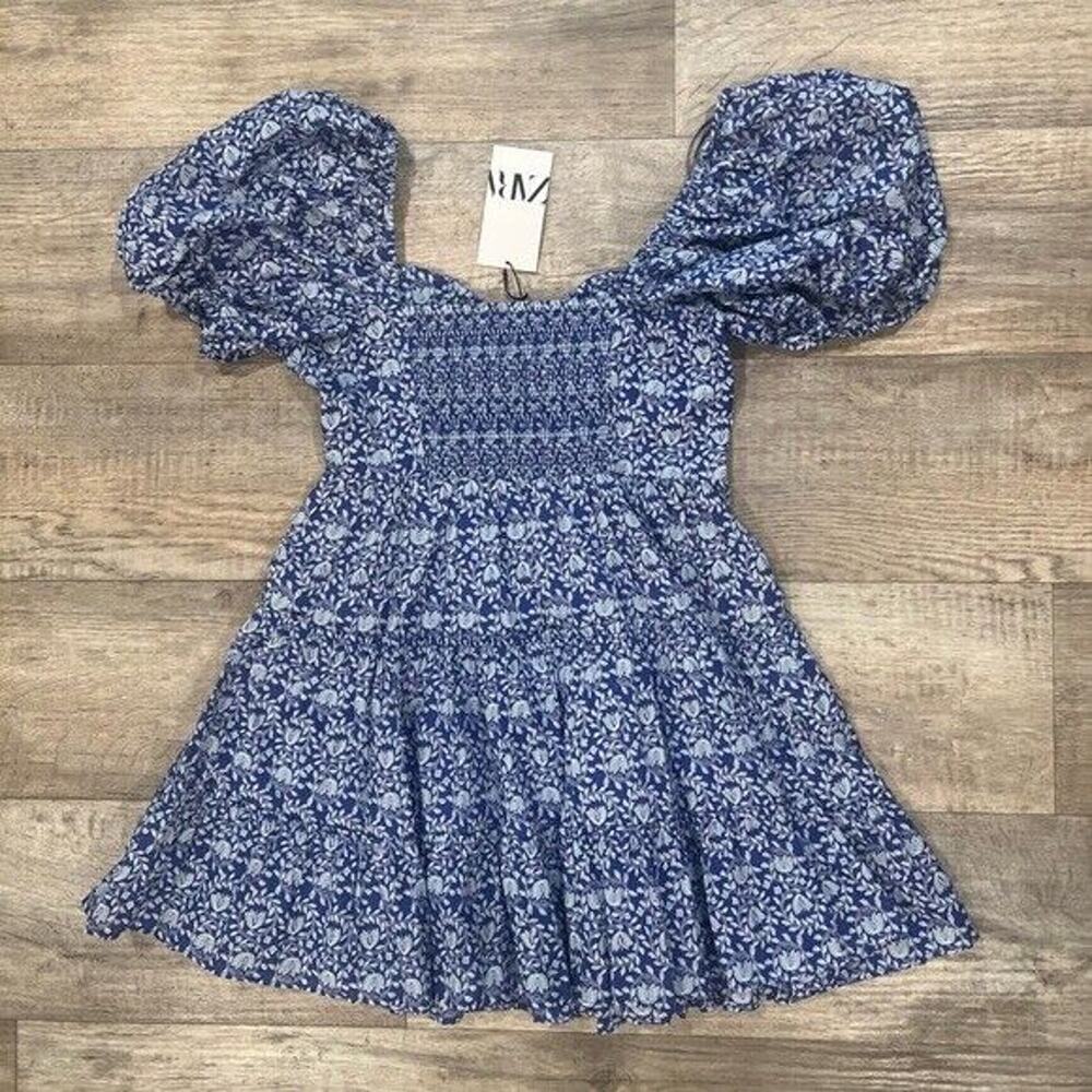 Zara NWT Blue White Cotton Floral Smocked Mini Dress M L - Picture 16 of 16